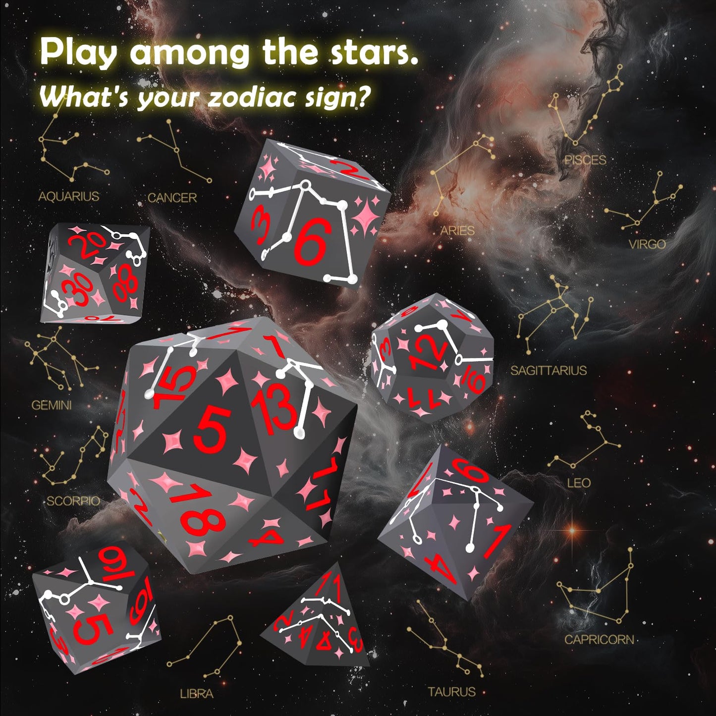 PJOY Metal Dice Set D&D Star Dice Set DND Polyhedral Dice for RPG Role Playing Games Dungeons and Dragons TTRPG Black Red Pink D