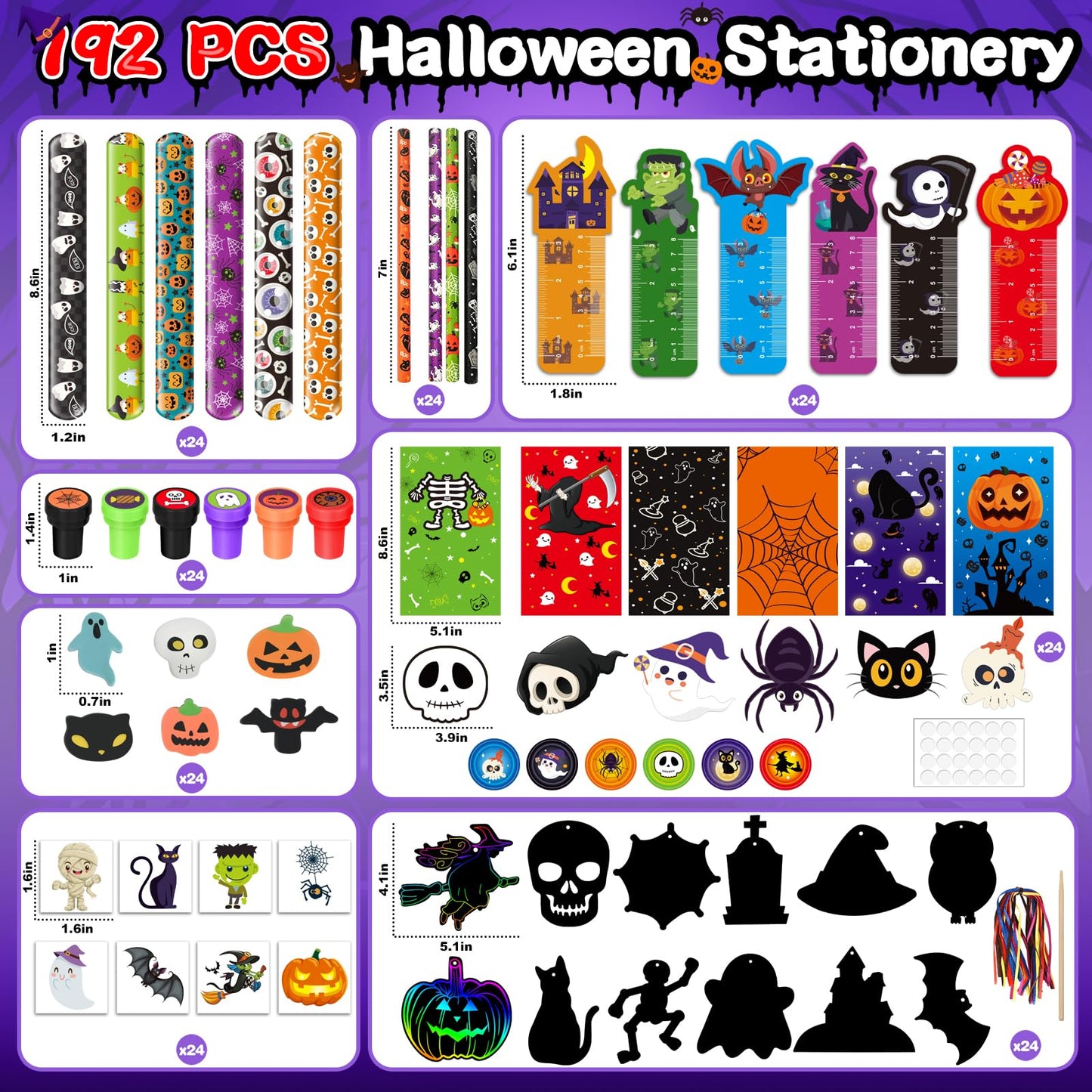 192PCS Halloween Party Favors Gift for Kids, 24 Pack Halloween Stationery Gift Set for Trick or Treat, Goody Bags Fillers Party