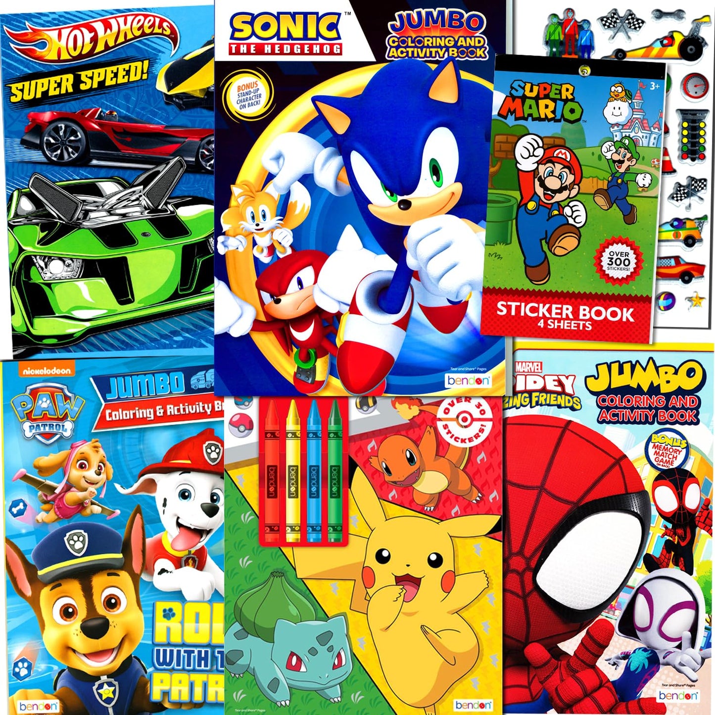Kids Coloring & Activity Books for Boys Ages 4-8 Featuring Sonic The Hedgehog,Pokemon,Paw Patrol Bundle with Coloring Utensils, 