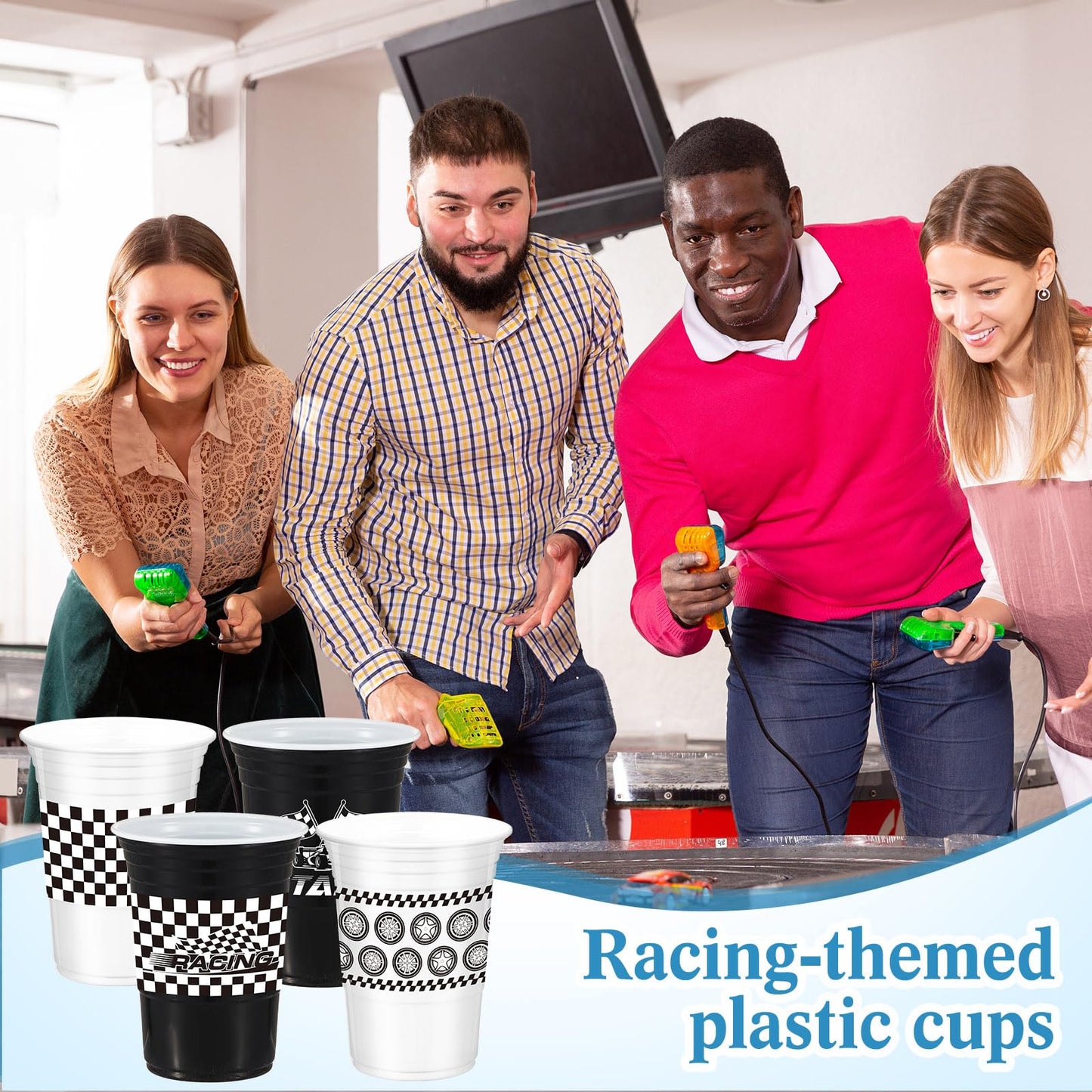 Qinyoung 100 Pcs Race Car Party Supplies Bulk 16 oz Checkered Flag Cups Racing Themed Thick Plastic Cup for Race Car Birthday Pa