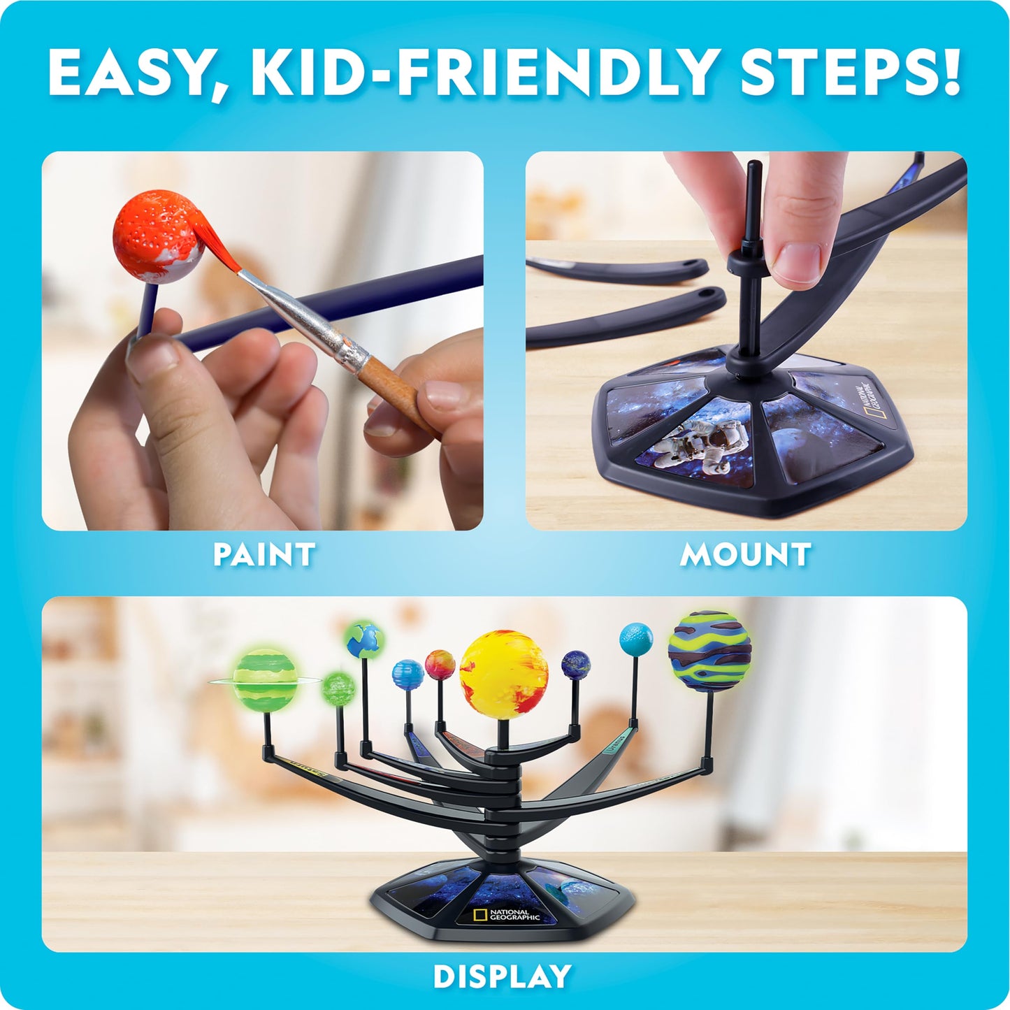Blue Marble National Geographic Glow-In-The-Dark Solar System Model Kit For Kids - Build & Paint A 3D Planetary Model With Movab