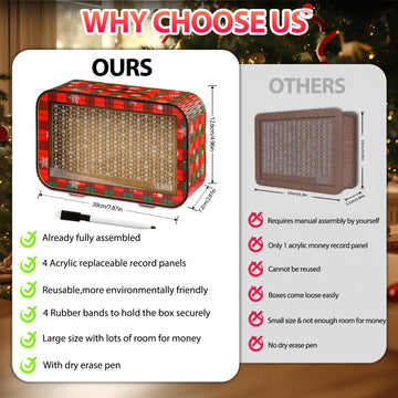 Christmas 4-In-1 Wooden Money Saving Challenge Box - Fully Assembled Piggy Bank ($1000/$3000/$5000/$10000) - Kakeibo Money Box W