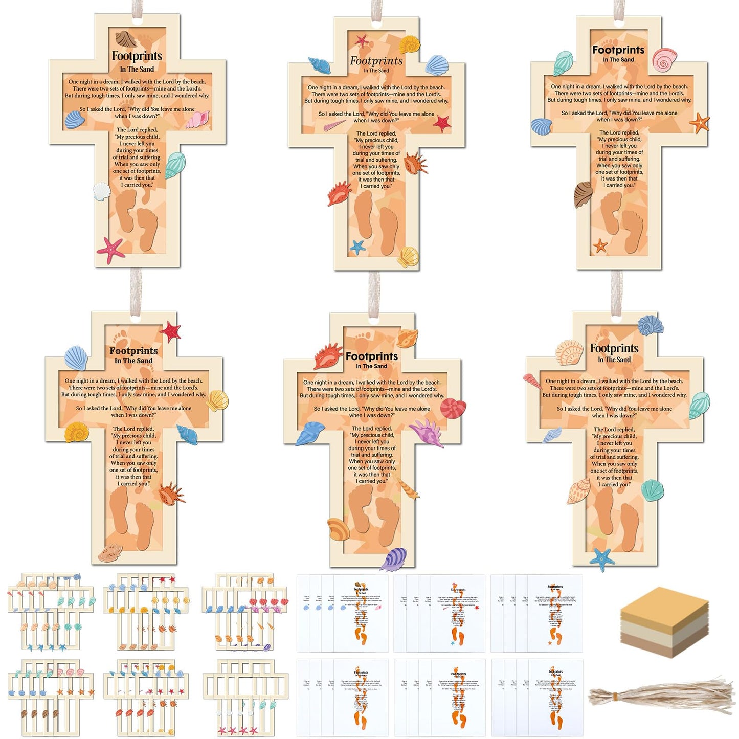Sinload 24 Sets Footprints in The Sand Cross Religious Crafts Tissue Paper Sunday School Crafts Kits DIY Hanging Ornament Cross 