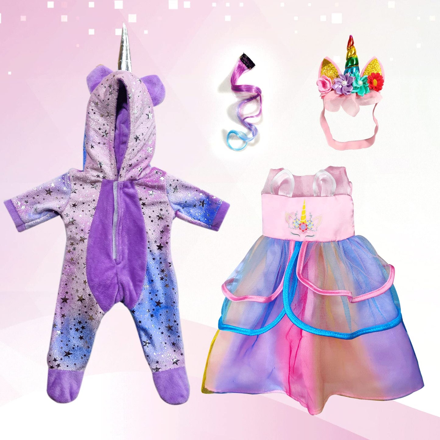 Wondoll 2-Sets 18-Inch Doll-Clothes Set - Unicorn Clothes With Hair Clip And Headband - Compatible With All 18 Inch Dolls Accessories For Kids