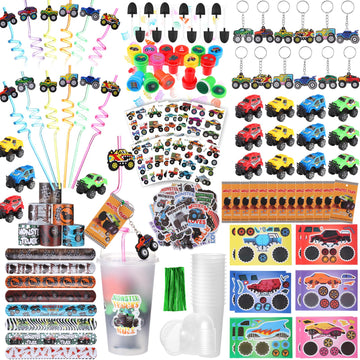 HyDren 171 Pcs Truck Party Favors Included Gift Cup Straw Keychain Slap Bracelet Mini Truck Puzzle Sticker Stamper Card Tattoo S