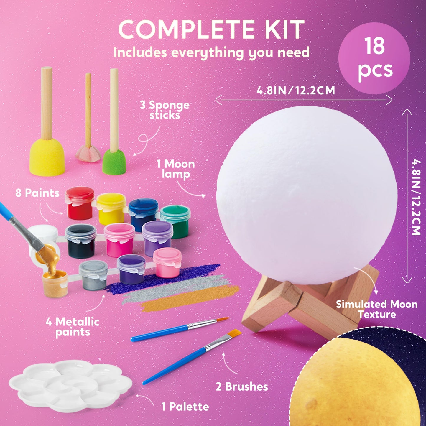 Klever Kits DIY 3D Moon Night Light - Paint Your Own Acrylic Galaxy Lamp, White, Model 60113, Arts and Crafts Kit for Kids