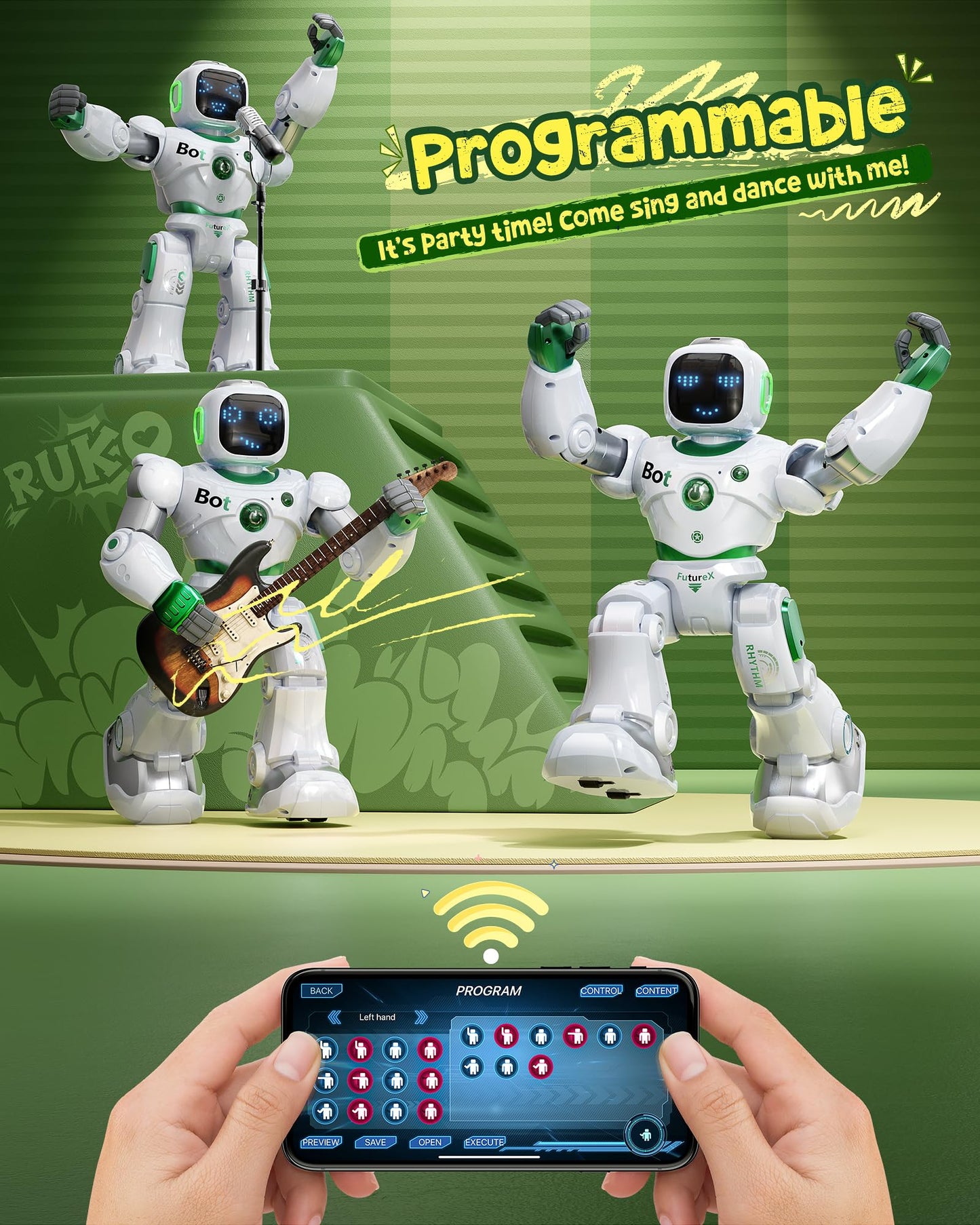 Ruko 1088 Large Robot Toy for Kids, Voice & App Control, Green, 15.8x11x4.7 inch, Programmable Interactive Gift for Ages 4-9
