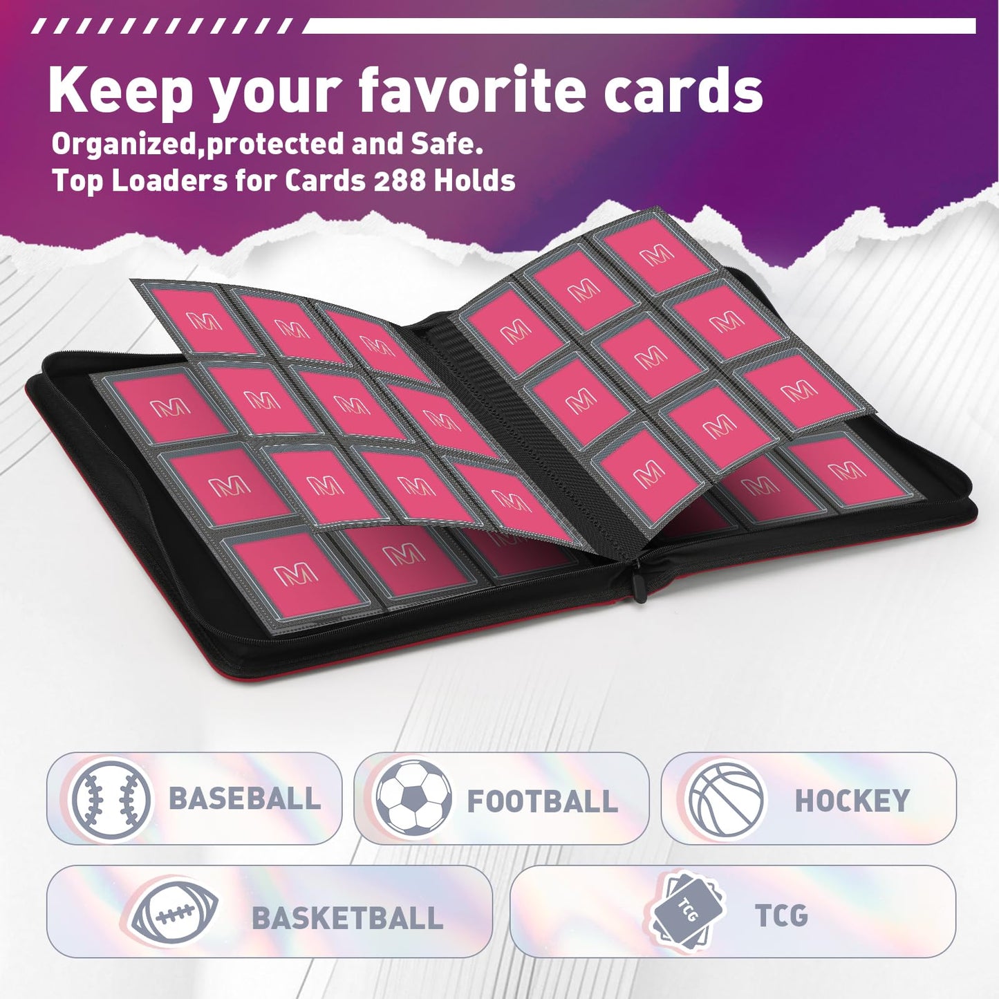 Toploader Binder Trading Card Binder Storage Hold up 288 Cards 9-Pocket Top Loader Binder with Sleeves for 3x4 Rigid Toploaders Hard Cases (9Oxblood Red)