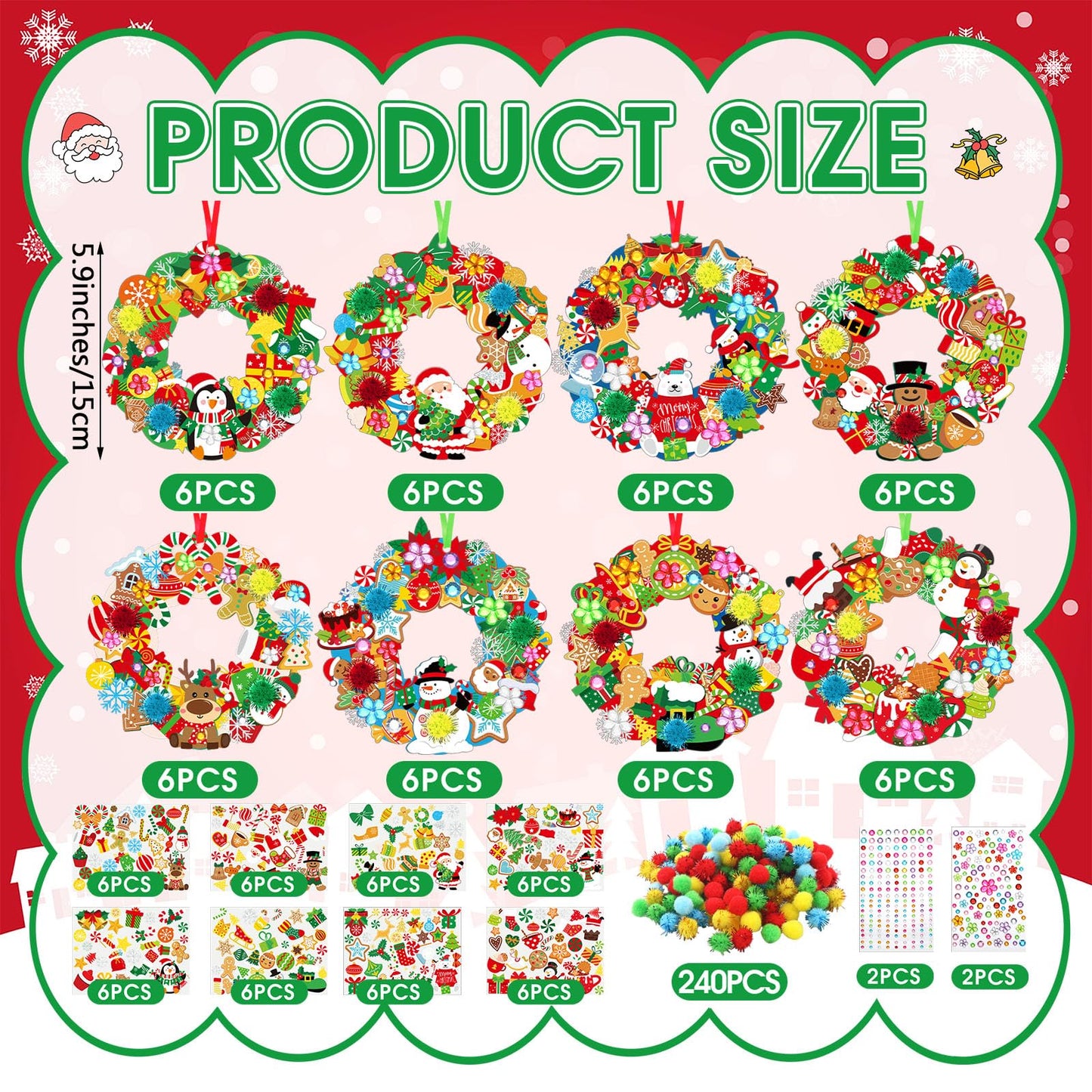 Hollowfly 48 Sets Christmas Wreath Craft Kits for DIY Santa Claus Wreath Hanging Ornaments Make Your Own Paper Xmas Craft with S