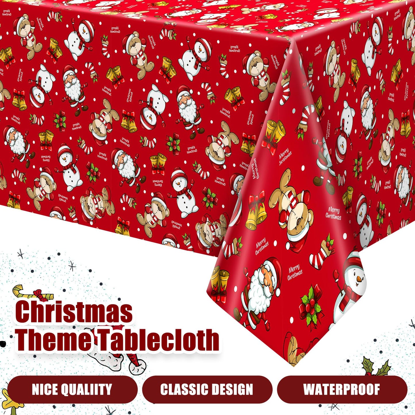 Newwiee 3 Pack Christmas Tablecloths 108 x 54 Inch Disposable Plastic Rectangle Table Cover Holiday Waterproof Tablecloth for Ch