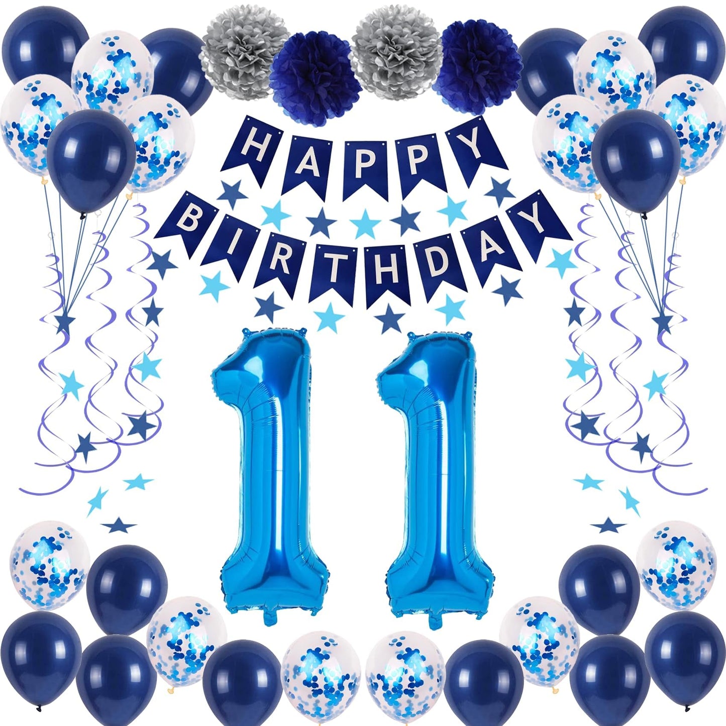 Naninuneno 11Th Blue Birthday Party Decorations For Boy Girl Men Women, Happy 11 Birthday Balloons Supplies With Happy Birthday