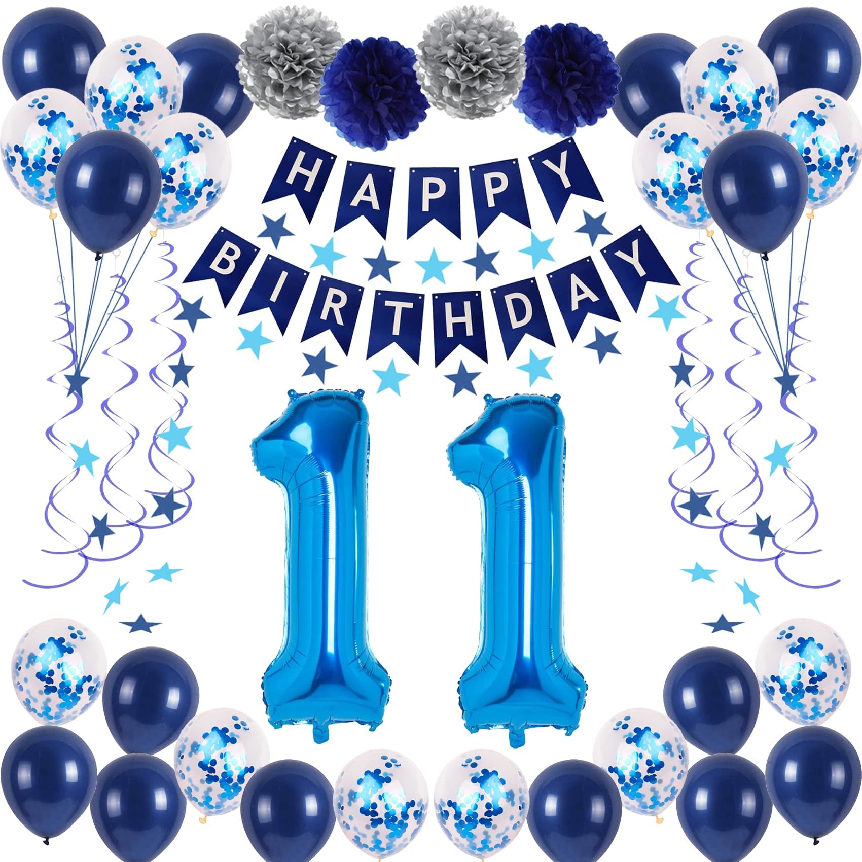 Naninuneno 11Th Blue Birthday Party Decorations For Boy Girl Men Women, Happy 11 Birthday Balloons Supplies With Happy Birthday