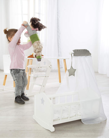 Roba Doll Cradle Set: Stella - Star, Gray & White - Includes Hanging Mobile, Pillow, Blanket & Canopy, Children'S Pretend Play, Ages 3+