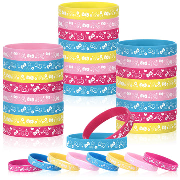 Landical 24 Pcs Cute Cartoon Pink Cat Party Favor Bow Tie Flower Patterns Silicone Bracelets Birthday Decorations For Cute Carto
