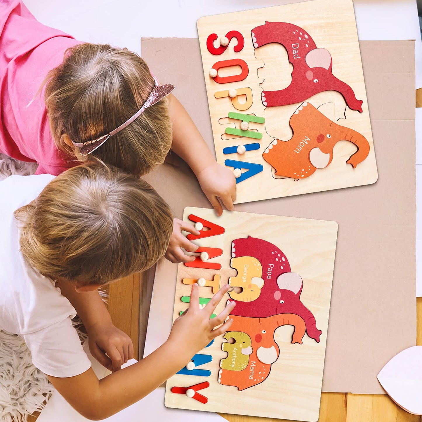 Name Puzzles For Toddlers 1-3, Personalized Name Puzzle With Elephant Family Wooden Puzzle For Toddlers 1-3, First Birthday Gift