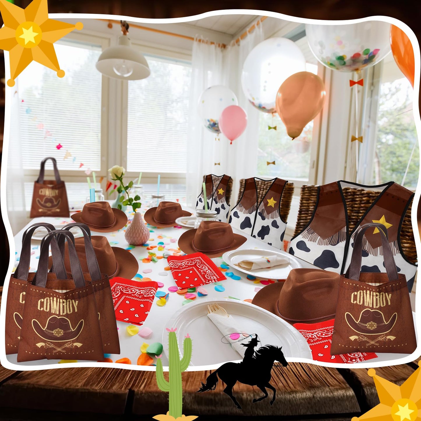 Toulite 24 Pcs Cowboy Cowgirl Hats Pack Cowboy Costume Outfit Include 6 Hats 6 Vest 6 Bandanas 6 Bags for Kids Party(Brown)