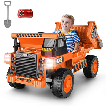 Hikole Ride on Dump Truck for Kids, 12V 4WD Ride on Car with Remote Control, Electric Dump Bed and Extra Shovel, Music Player, L