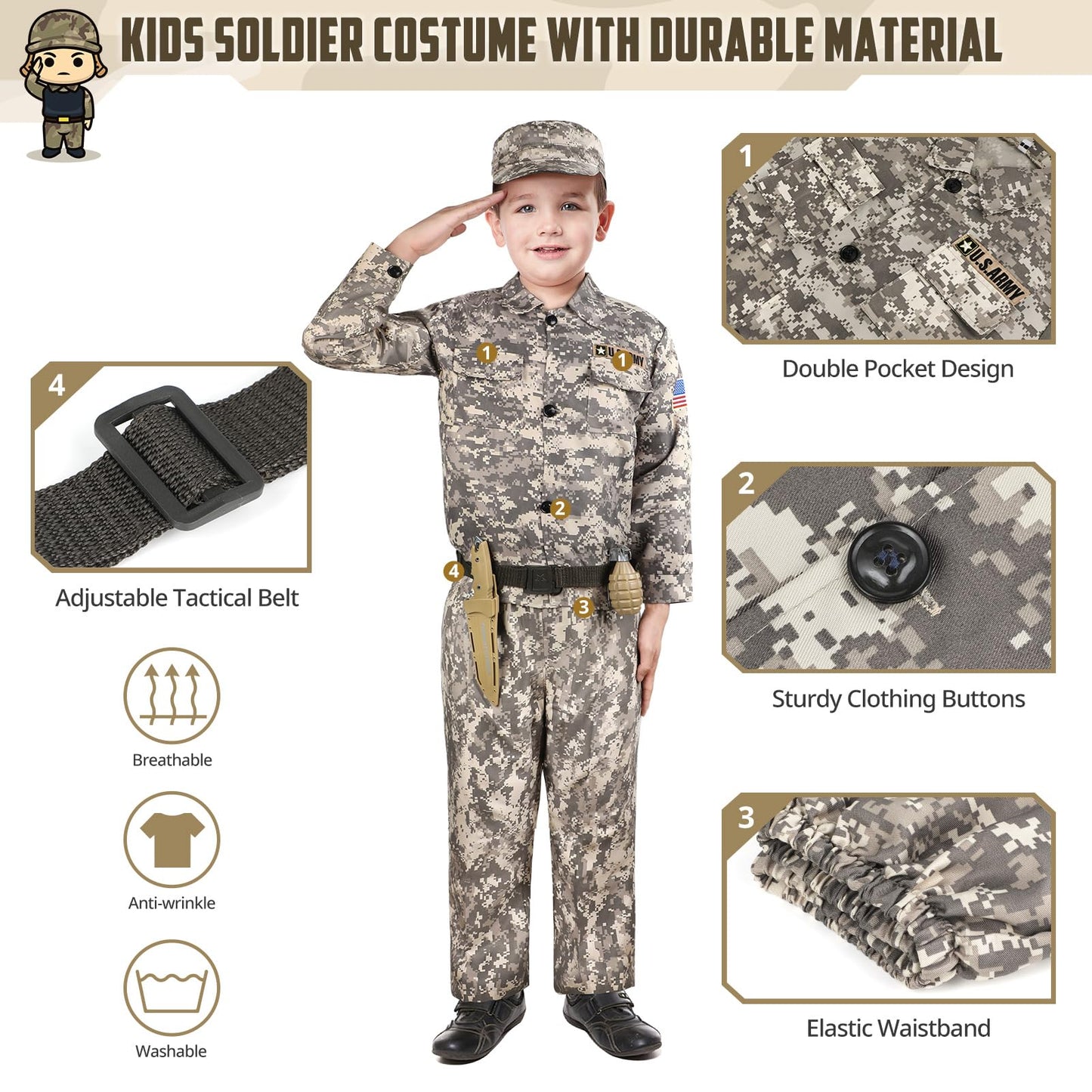 Giftinbox Kids Army Soldier Dress Up Costume Role Play Set, Deluxe Christmas Gift For Kids Boys Aged 3-12 Size L