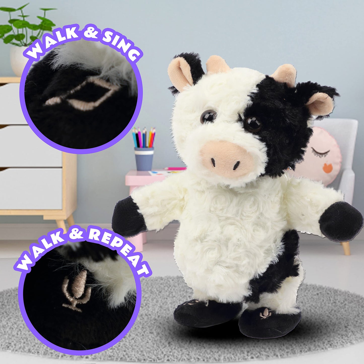 Easfan Walking Cow Repeats What You Say Stuffed Animal Talking Singing Barking Electric Interactive Plush Toy Funny Cattle Birthday For Kids Toddlers,8’’