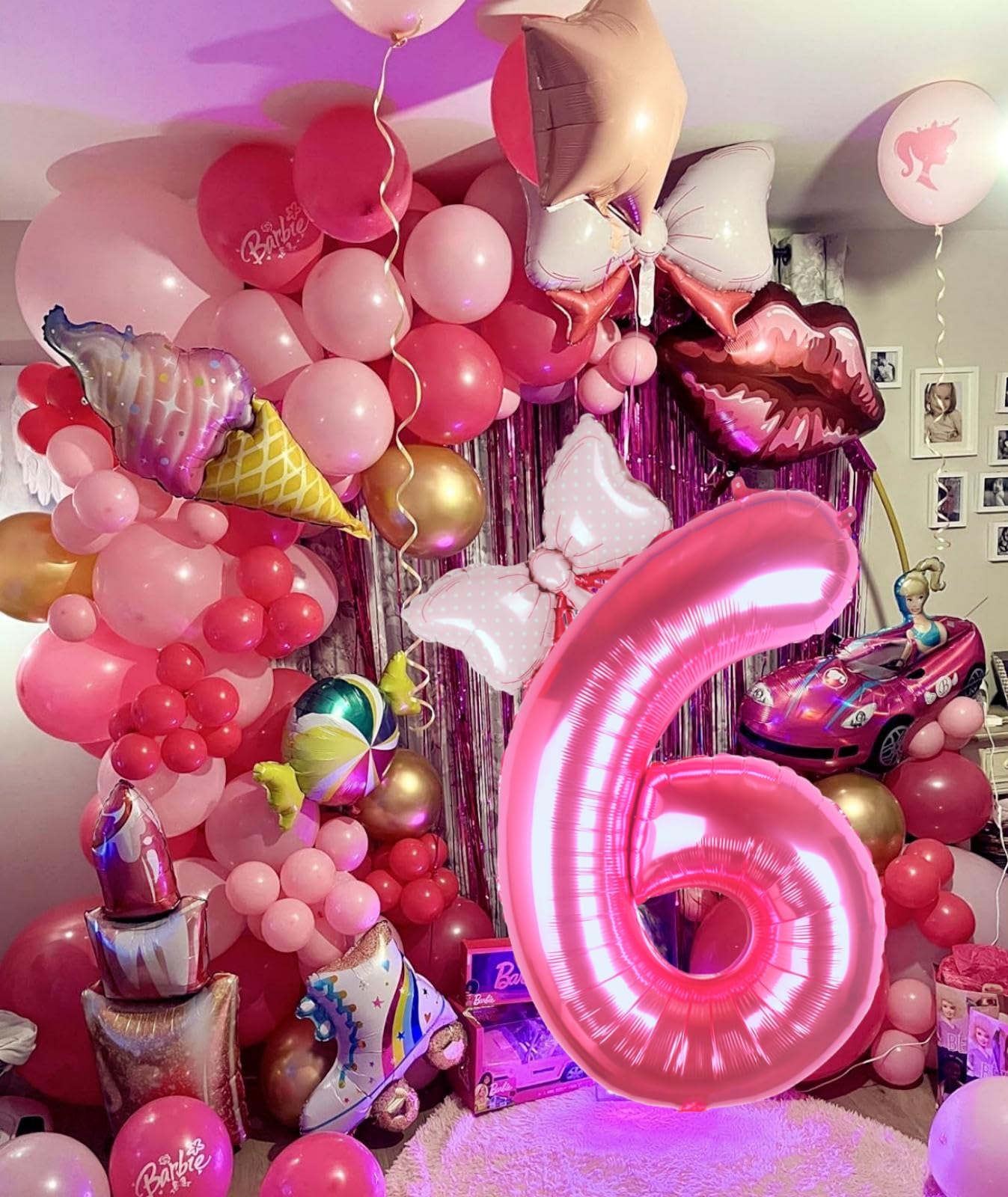 Kwuz 40 Inch Pink Number 6 Balloon with Mini Bow Balloon for Girls 6th Birthday Decorations, Pink Princess Western Cowgirl Theme