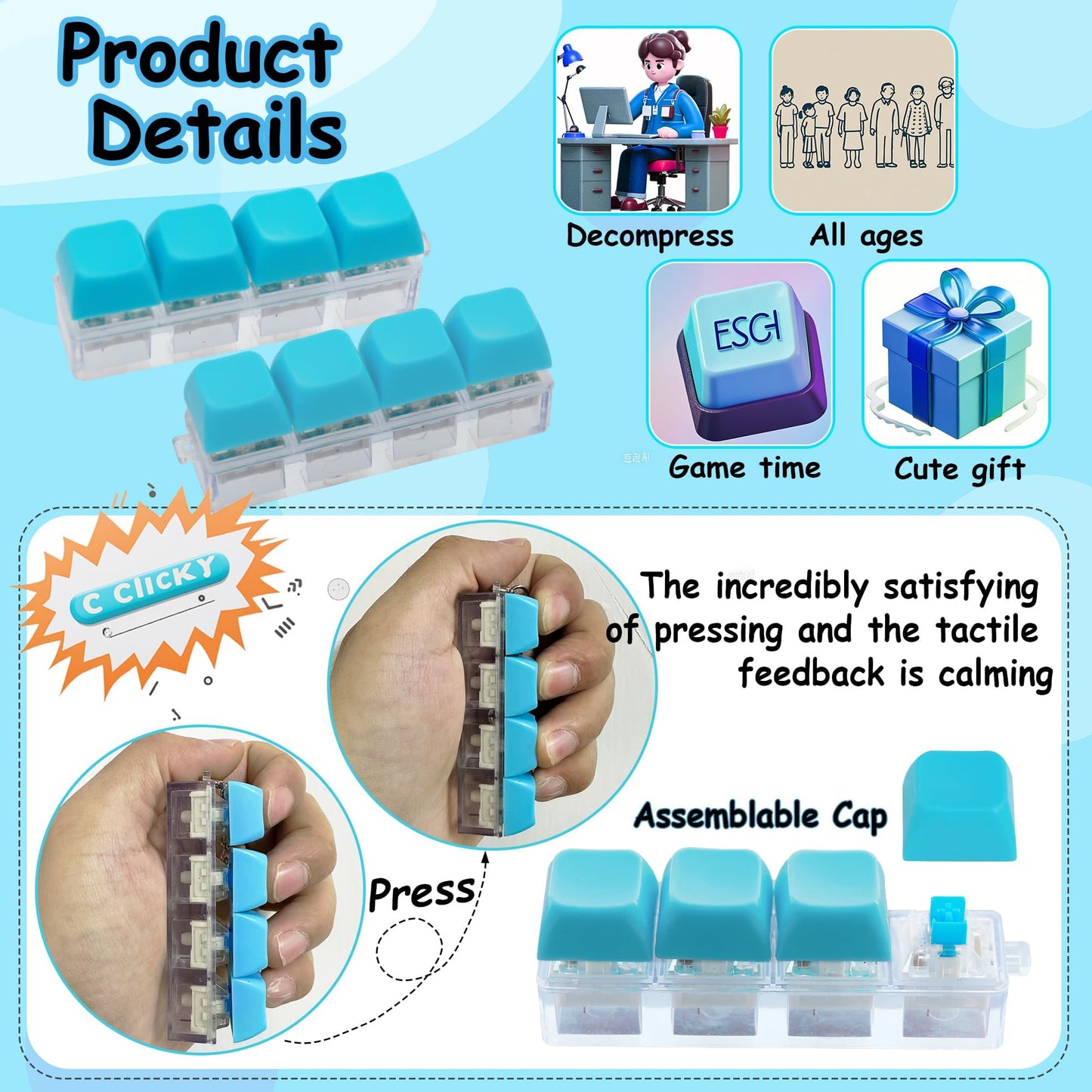 2 Pcs Keyboard Fidget Toy  Keyboard Fidget Keychain 4-in-1 Keyboard Decompression Button Finger Clicker Toys  Button Stress Relief Fidget Gifts for mature-themed to Relief Stress (Blue)