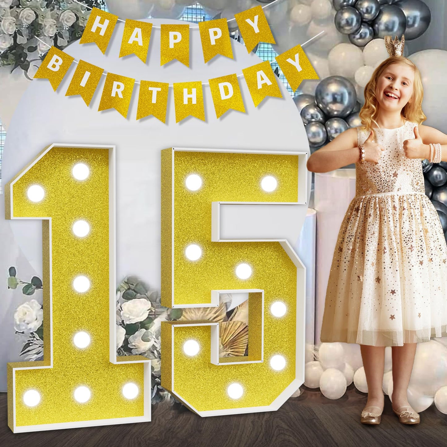 Imprsv Marquee Numbers Gold 15Th-Birthday Decorations: Large 3Ft Light Up Number 15 Birthday Decoration For Boy Girl Fifteen Yea