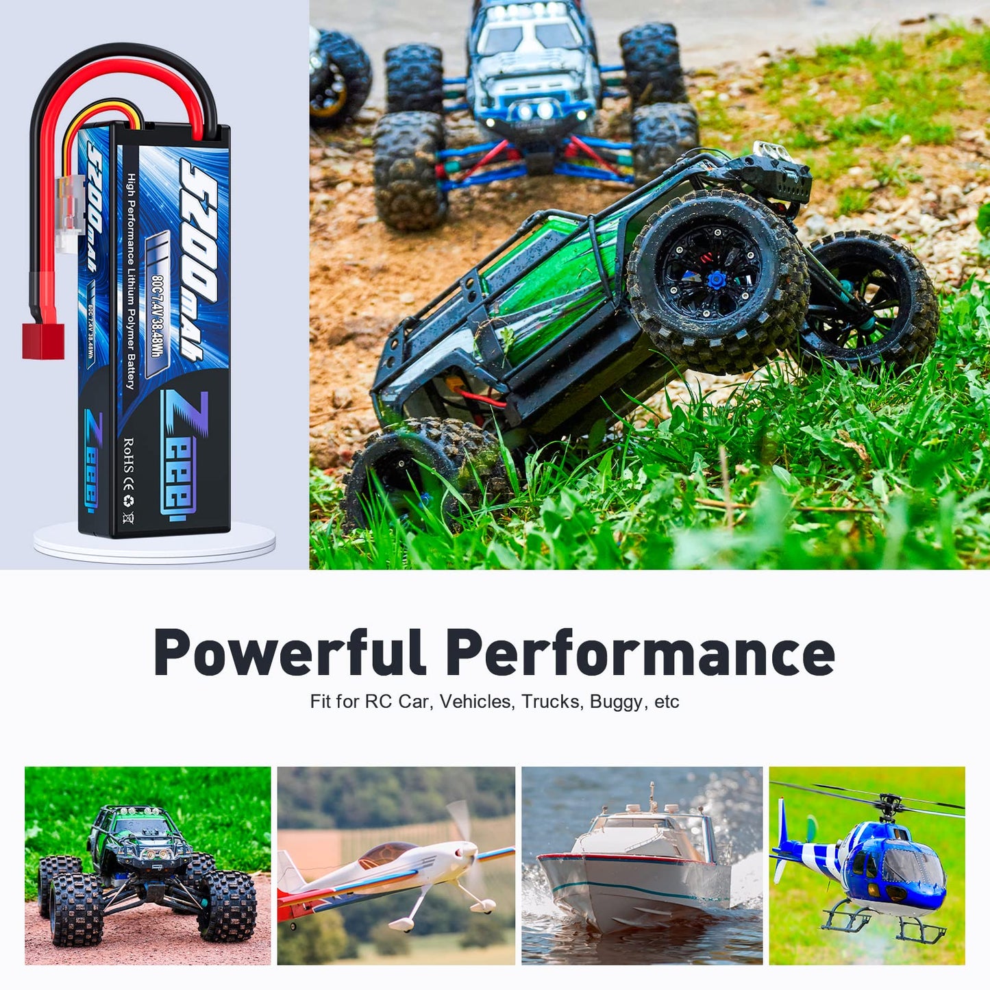 Zeee 2S Lipo Battery 5200Mah 7.4V 80C Rc Hard Case T Connector For 1/8 1/10 Rc Vehicles Rc Car Rc Truck Tank Rc Buggy Truggy Rc