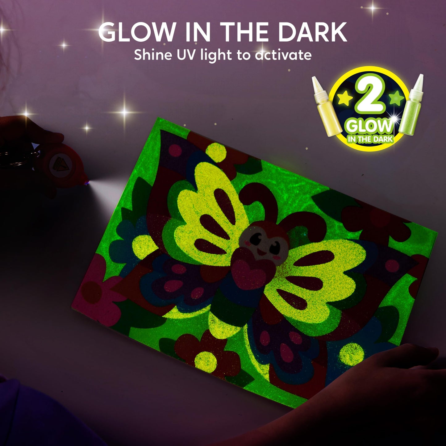 Klever Kits Glow Sand Art Kits for Kids, Glow in The Dark Sand Painting with 14 Colors, Kids Crafts, 6 Fantasy Templates & 4 DIY