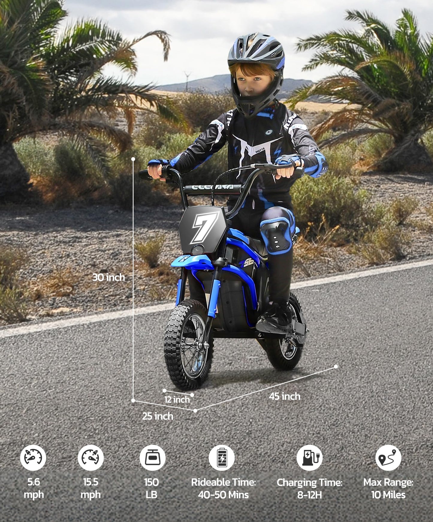 Elemara Electric Dirt Bike, 24V Ride On Toys For Big Kids, 350W Kids Motorcycle With Music & Bluetooth, 15.5 Mph & 150Lb Max, Twist-Grip Throttle & Hand-Operated Rear Brake, 12' Air-Filled Tires-Blue