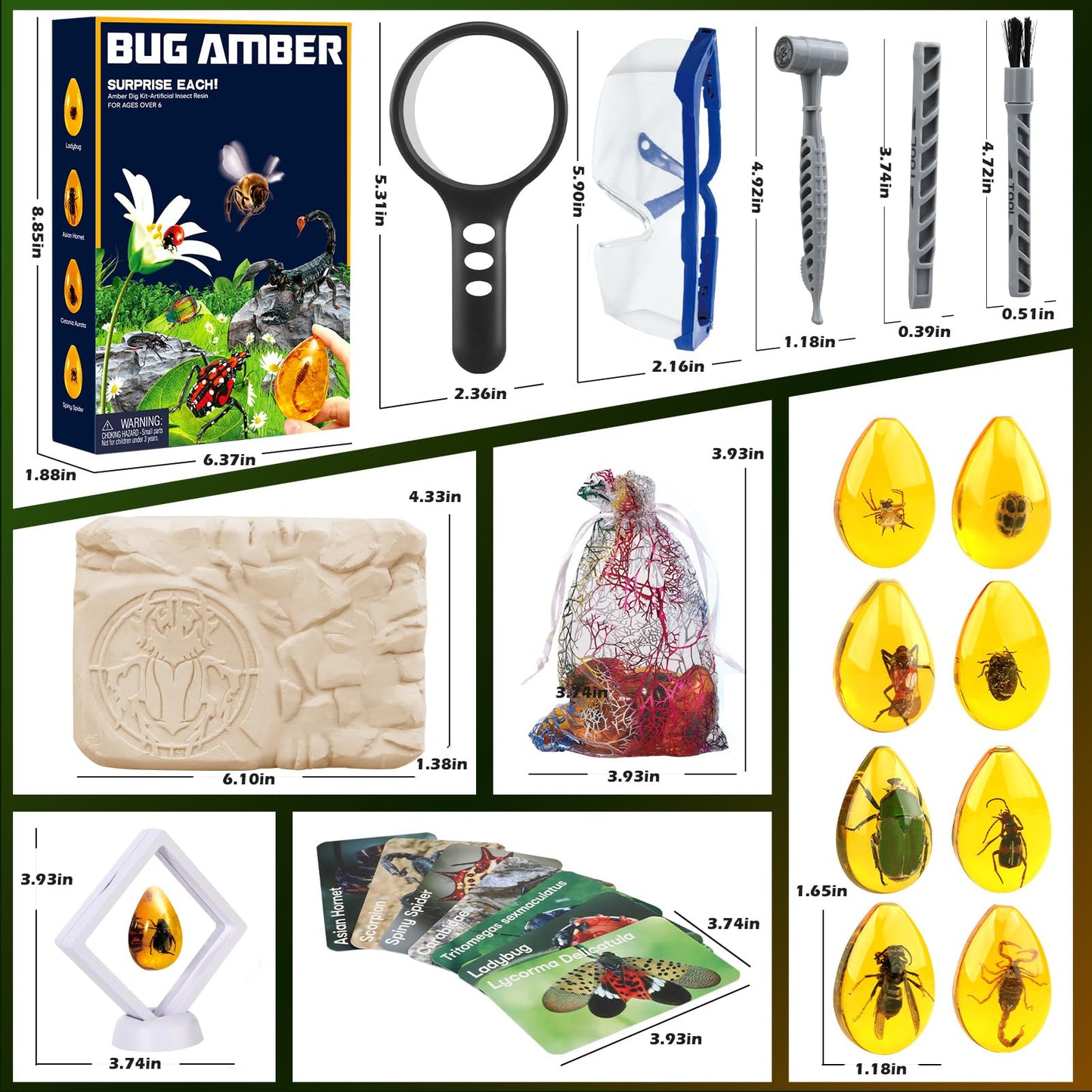 Amber Dig Kit - Insects In Resin, 8 Insects Specimens Excavation Kit, Gemstone Bugs For Kids, Fossil Bug Toys Dig Kits For Bugs Collection, Insect Toys For Boys Girls 6 And Up Year Old Birthday Gifts