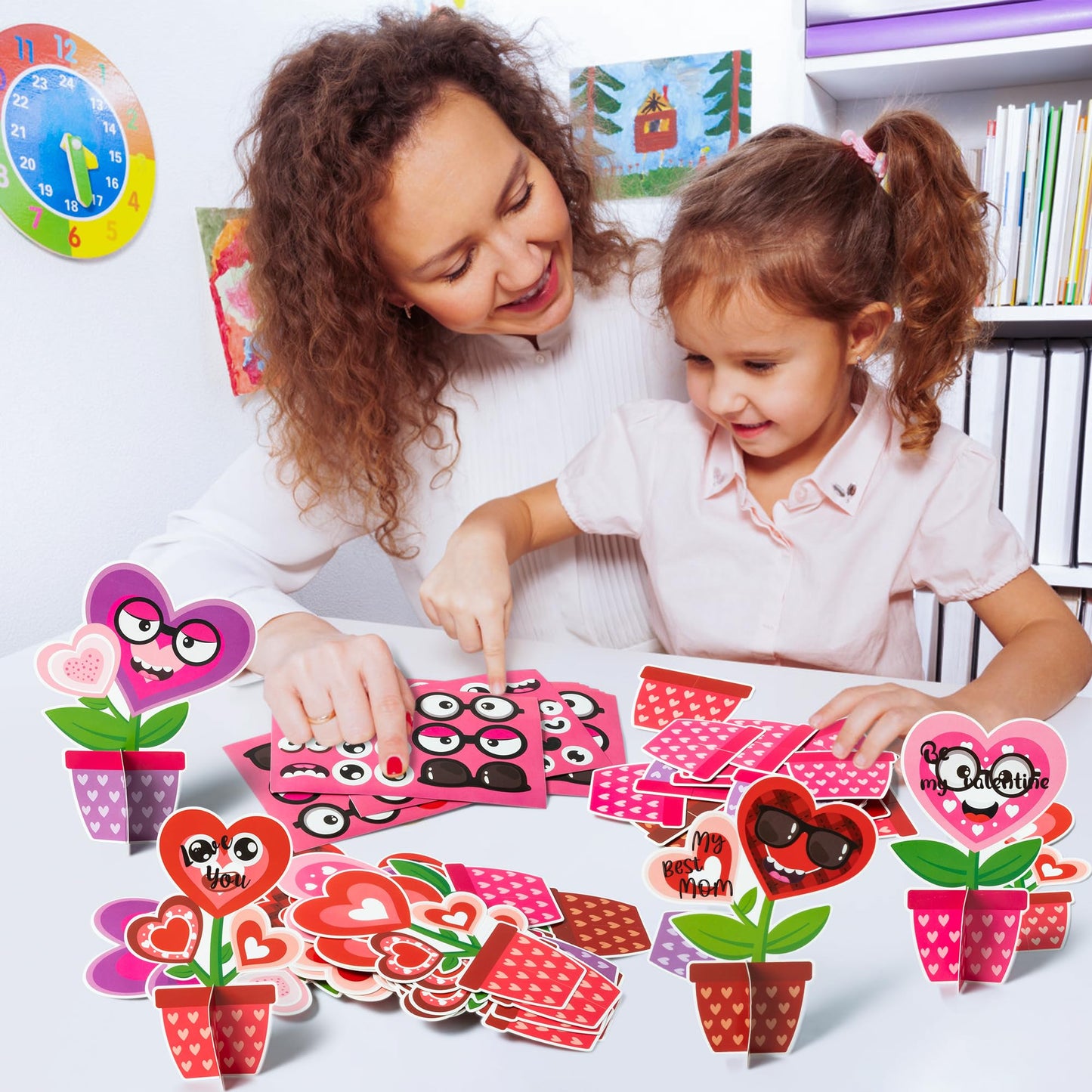 WATINC 32PCS Valentines Day Flower Craft Kit, Make Your Own Valentine Heart Flowers Pot Gift Craft Decorations, DIY Art Set Home