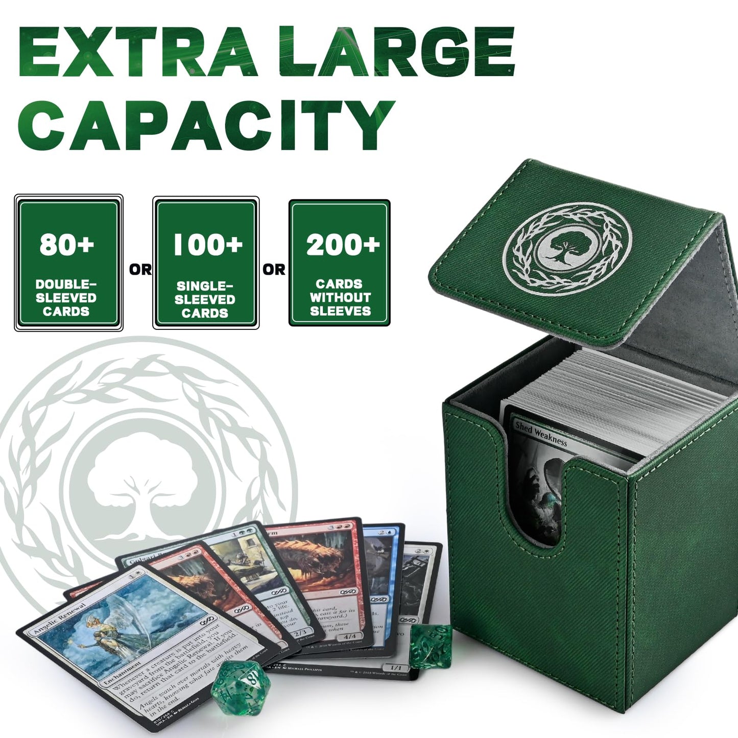 Infinity Guard Card Deck Box For Mtg, Magic Commander Deck Box Fits 200+ Cards Without Sleeves For Tcg Ccg Trading Cards (Green)