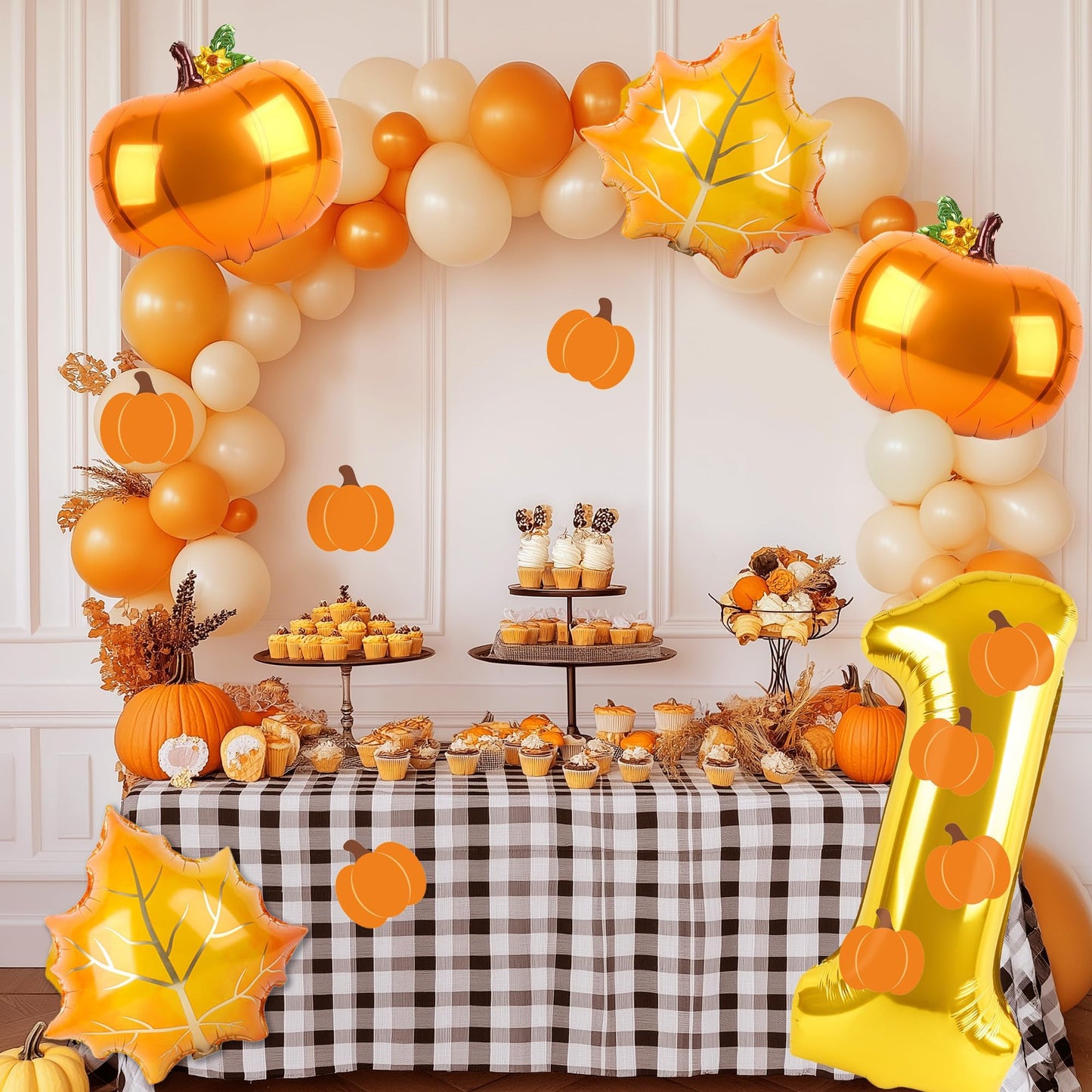 Dripykiaa 5Pcs Pumpkin First Balloon 40'' Gold One Year Old Balloon Set For First Birthday Fall Birthday Decorations Maple Leave