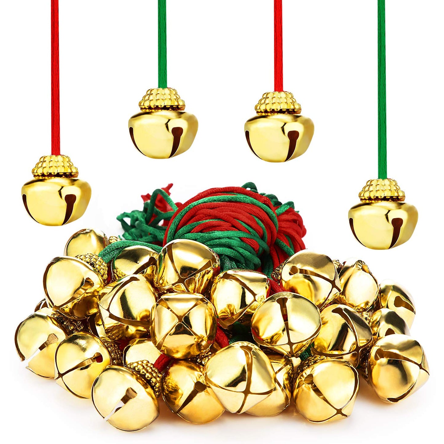 64 Pieces Christmas Bell Necklaces Large Gold Red Green Bell Necklaces for Craft Holiday Party Supplies (Beautiful Colors)