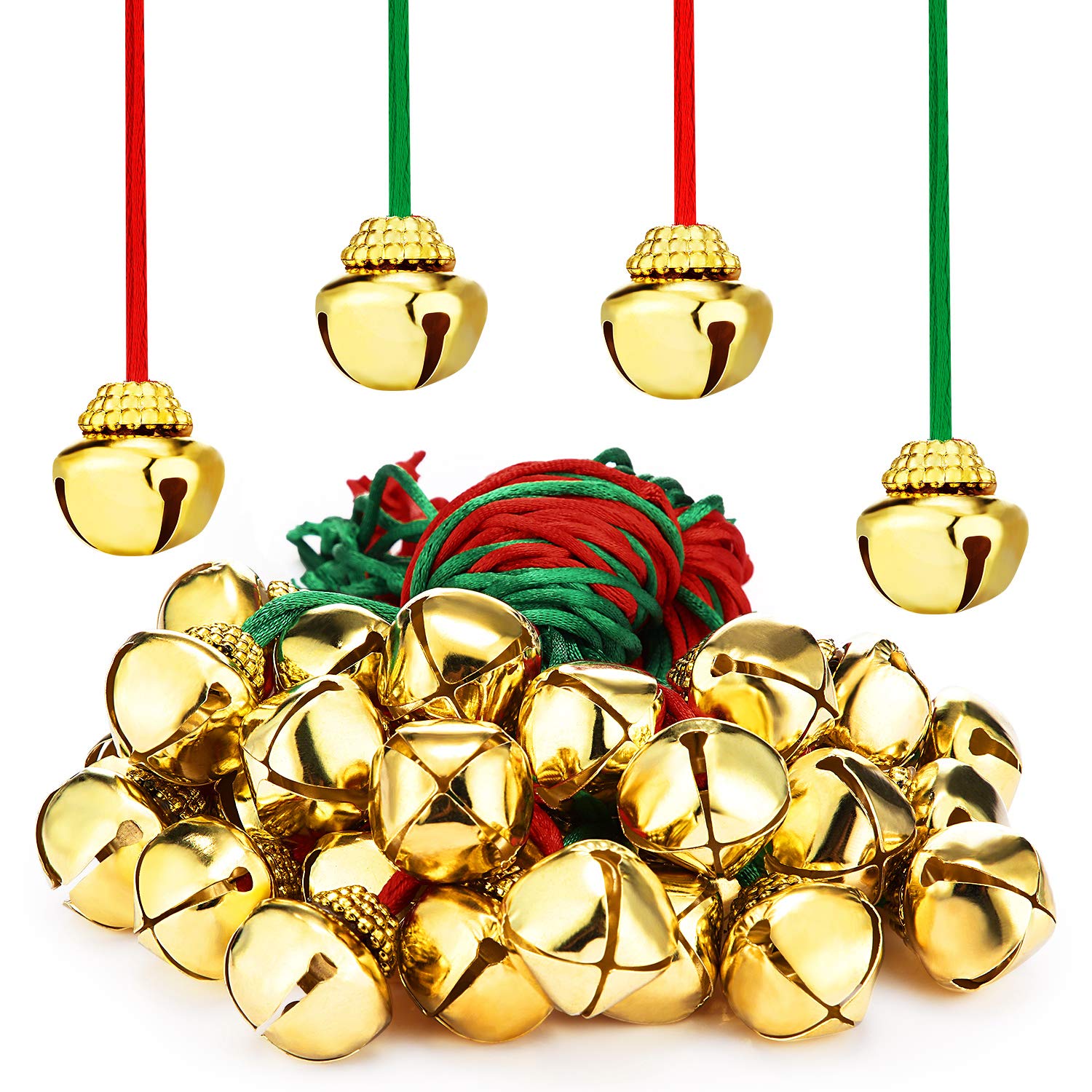 64 Pieces Christmas Bell Necklaces Large Gold Red Green Bell Necklaces for Craft Holiday Party Supplies (Beautiful Colors)