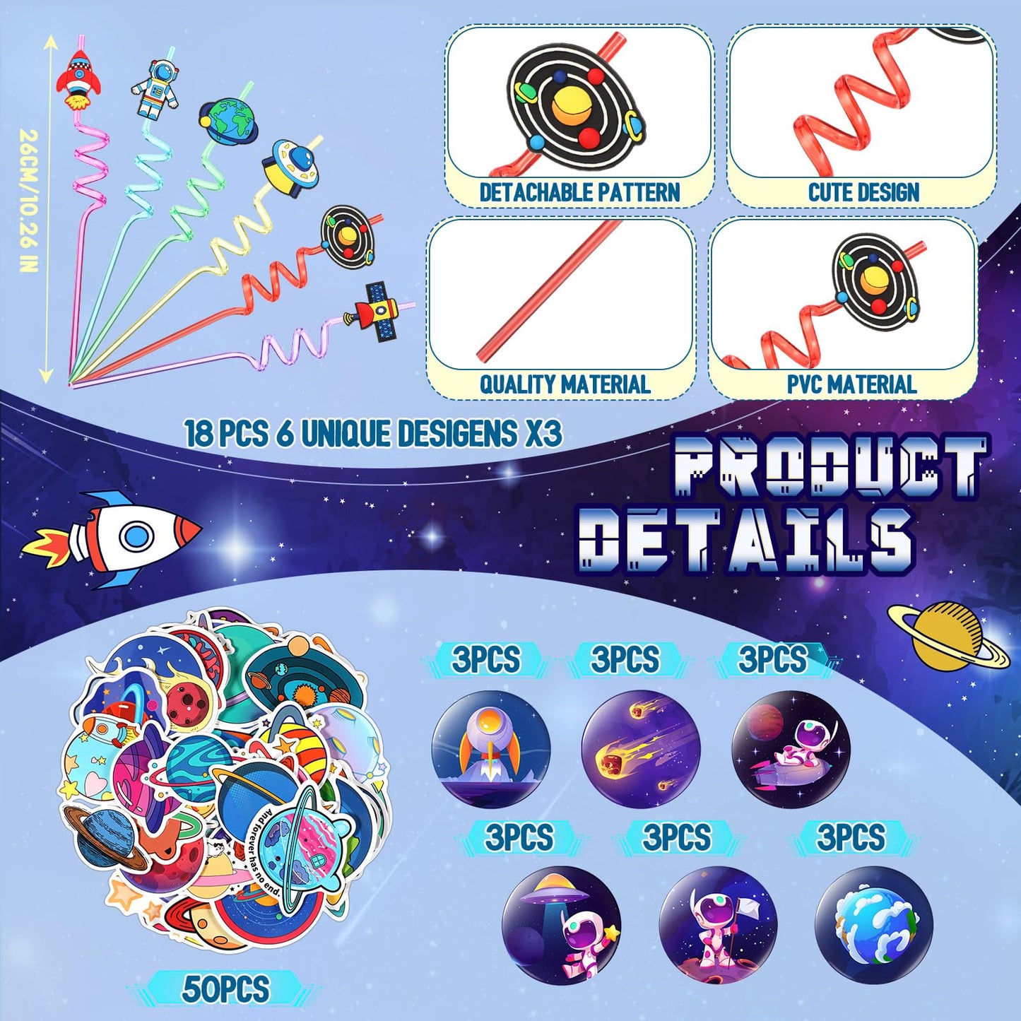 Sadnyy 140 Pcs Space Party Favors Outer Space Gift Bulk Galaxy Drawstring Backpack with Silicone Bracelet Straws Keychains Pin B