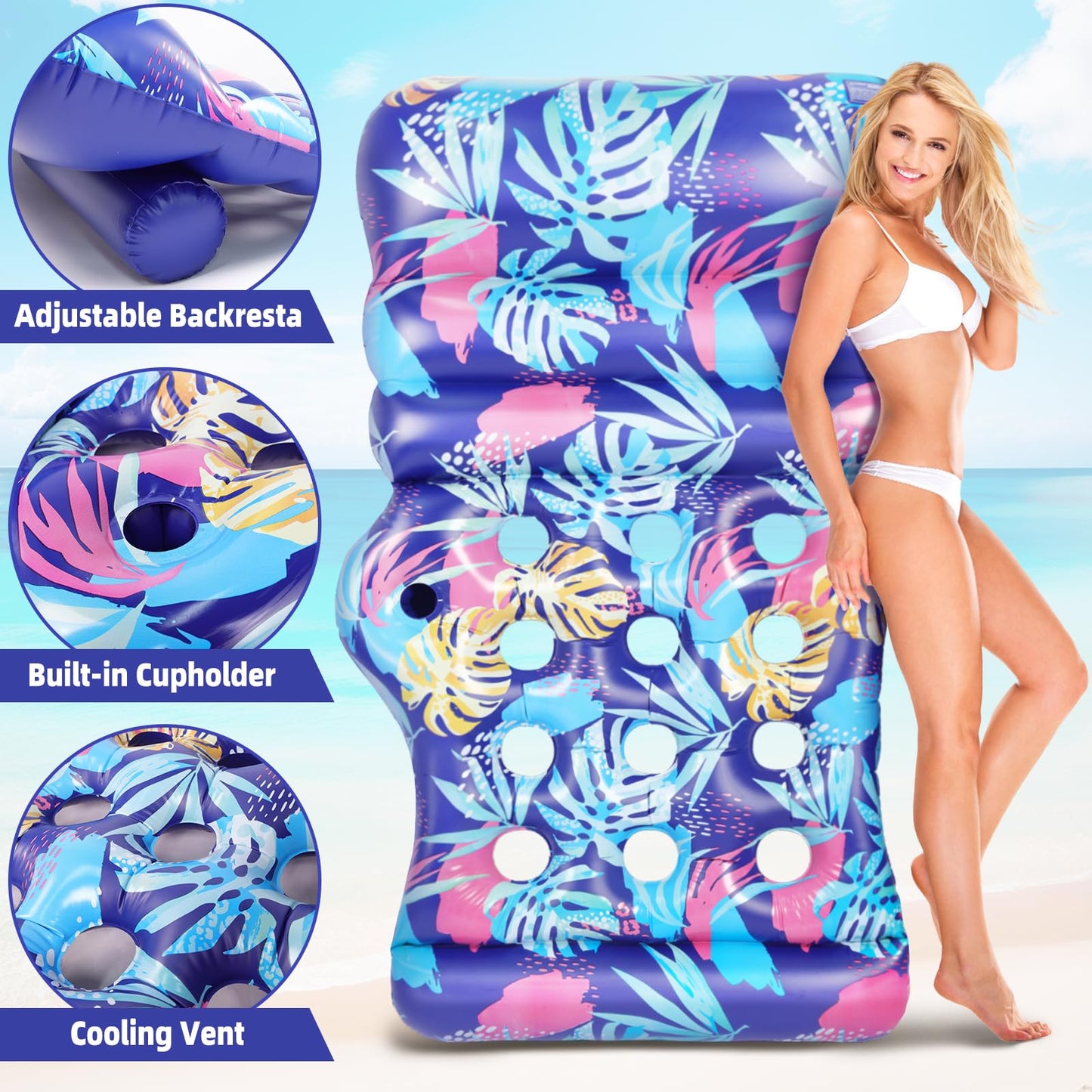 KIZJORYA 2025 New Pool Floats mature-themed  Inflatable Pool Lounge Floating Raft Chair with Adjustable Backrest Cup Holders for Swimming Pool Lake Beach Party  Tanning Floaties for mature-themeds Heavy Duty