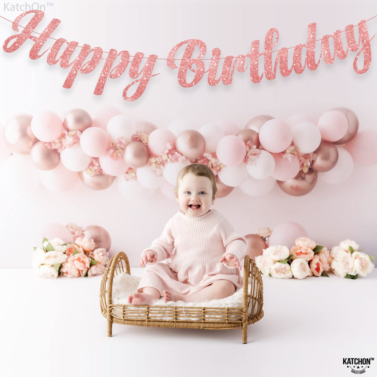 Katchon, Cursive Glitter Rose Gold Happy Birthday Banner - Pre-Strung, 10 Feet, No Diy | Pink Happy Birthday Banner For Rose Gold Birthday Decorations | Happy Birthday Sign, Happy Birthday Decorations