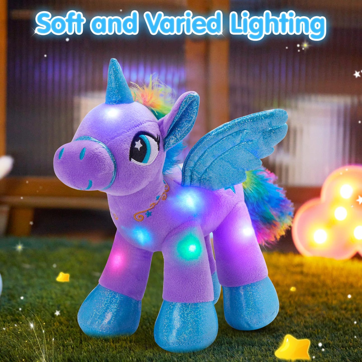 Houwsbaby 14 Purple LED Light Up Unicorn Stuffed Animal,Unicorn Plush Toy,Glowing Horse Plush Toy Night Light Glitter Present