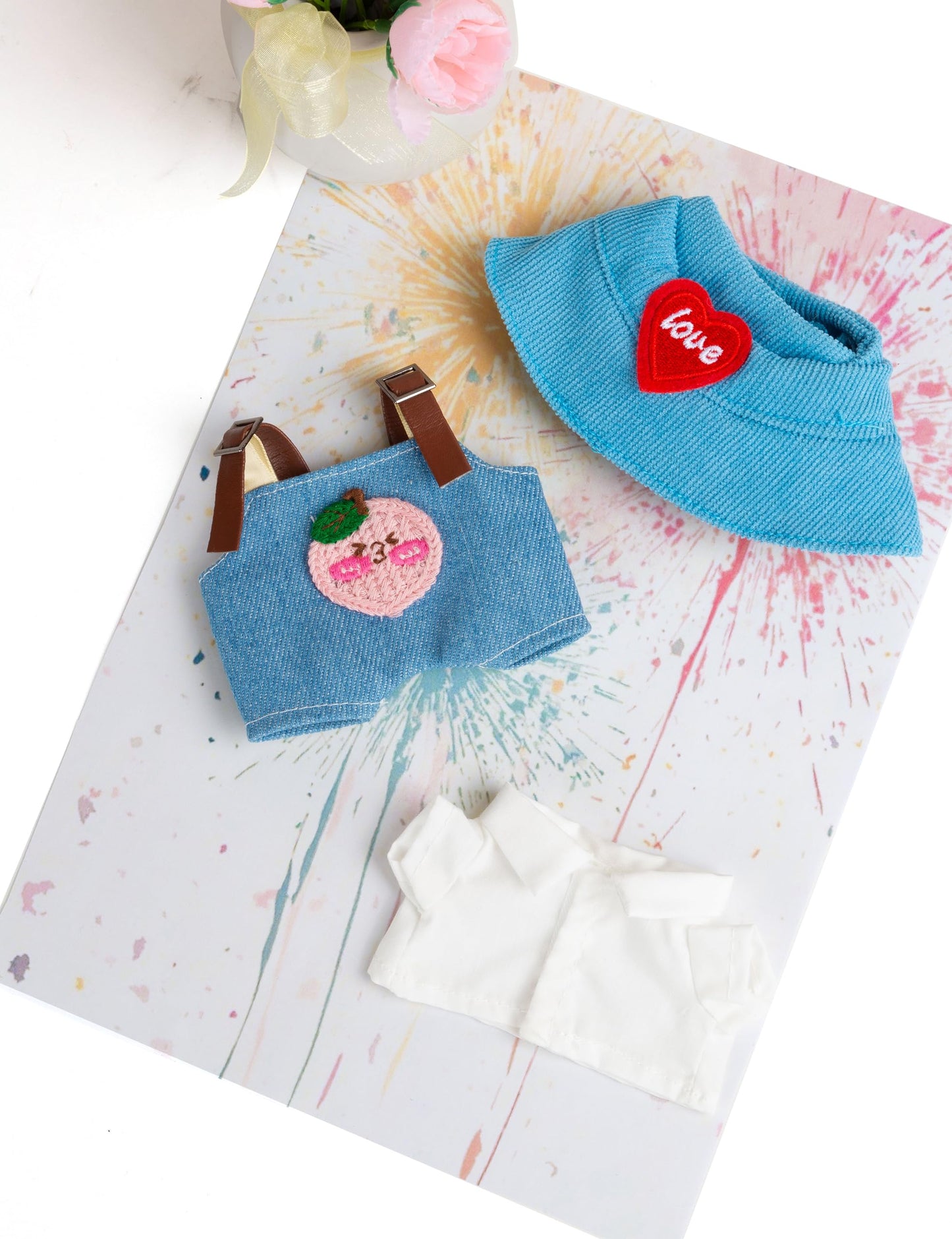 17 cm Doll Clothes  3-Piece Set Stylish Clothes for 17cm Doll  enhanced Outfit with Accessories for Doll- Red Heart Cyan Hat & Polo Shirts & Peach Romper (NO Doll)