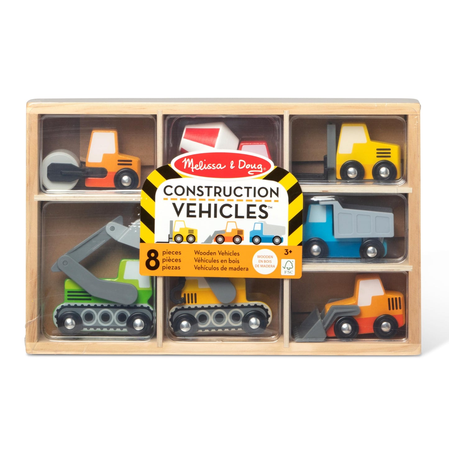 Melissa & Doug Wooden Construction Site Vehicles With Wooden Storage Tray (8 Pcs) Construction Toys, Vehicle Toys, Cars For Toddlers And Kids Ages 3+