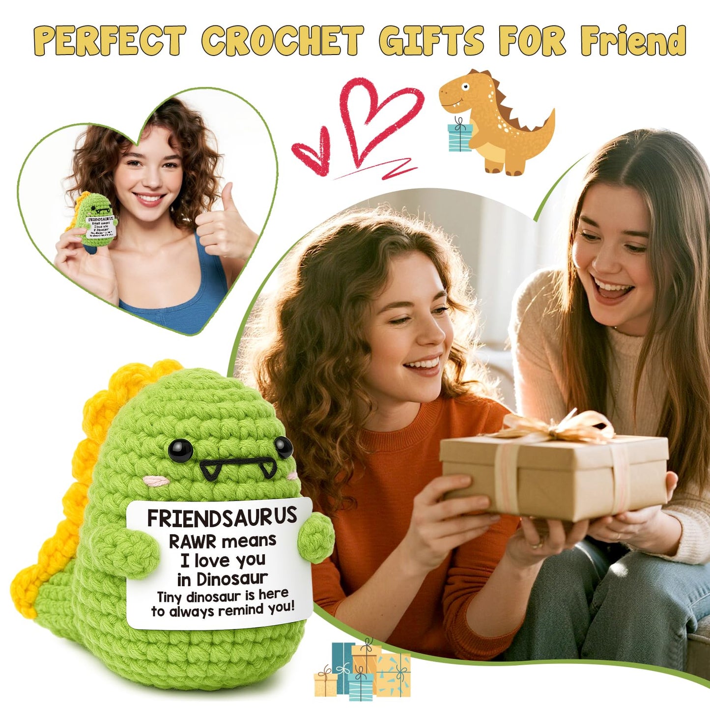 OCCdesign Mini for Women Christmas Birthday I Love You Friendsaurus Handmade Positive Crochet Dinosaur for Friendship Chrismas I