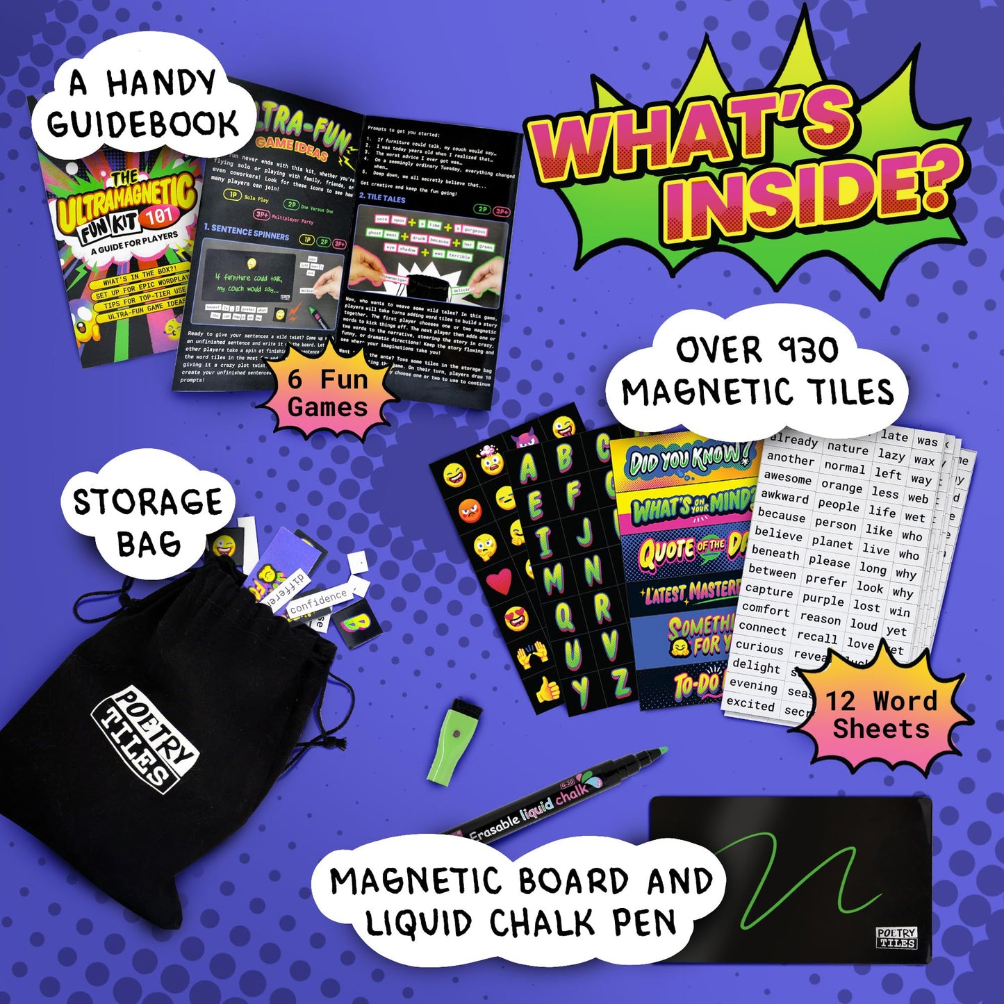 Ultramagnetic Fun Kit - The New Way to Make Fridge Poetry - 700+ Words  Emojis  Header Tiles  Black Board and Liquid Chalk Pen - Supercharged Game and Activity Pamphlet - .375 Tall Tiles