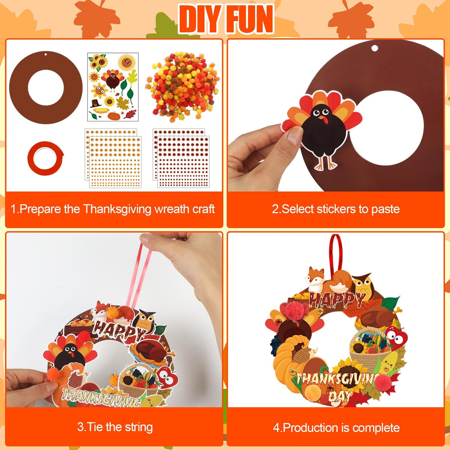 Hollowfly 48 Sets Thanksgiving Wreath Crafts DIY Give Thanks Wreath Hanging Ornaments Make Your Own Paper Grateful Crafts for Fa