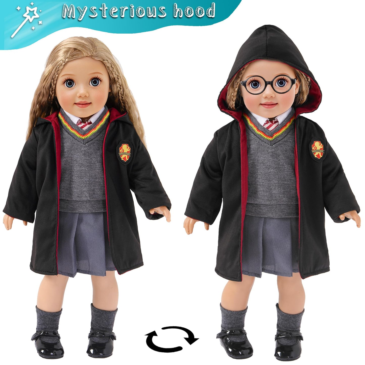 Magic School Uniform Inspired Halloween Costume Doll Clothes Clothing Outfits Accessories Set 10 Pcs For 18 Inch Girl Dolls
