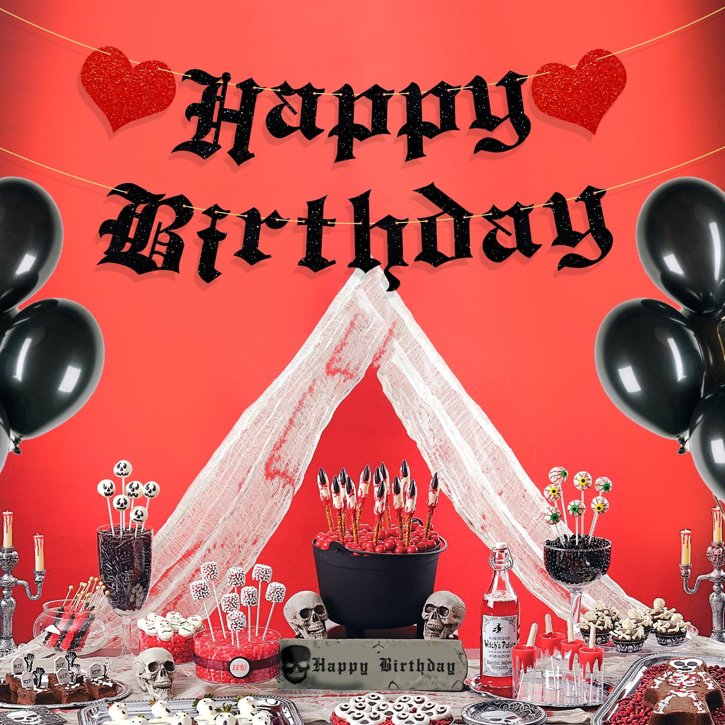 Ushinemi Pre-Strung Goth Birthday Decorations, No Diy Gothic Happy Birthday Banner Glitter Funeral Birthday Party Supplies