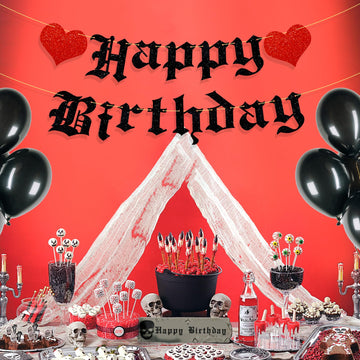 Ushinemi Pre-Strung Goth Birthday Decorations, No Diy Gothic Happy Birthday Banner Glitter Funeral Birthday Party Supplies