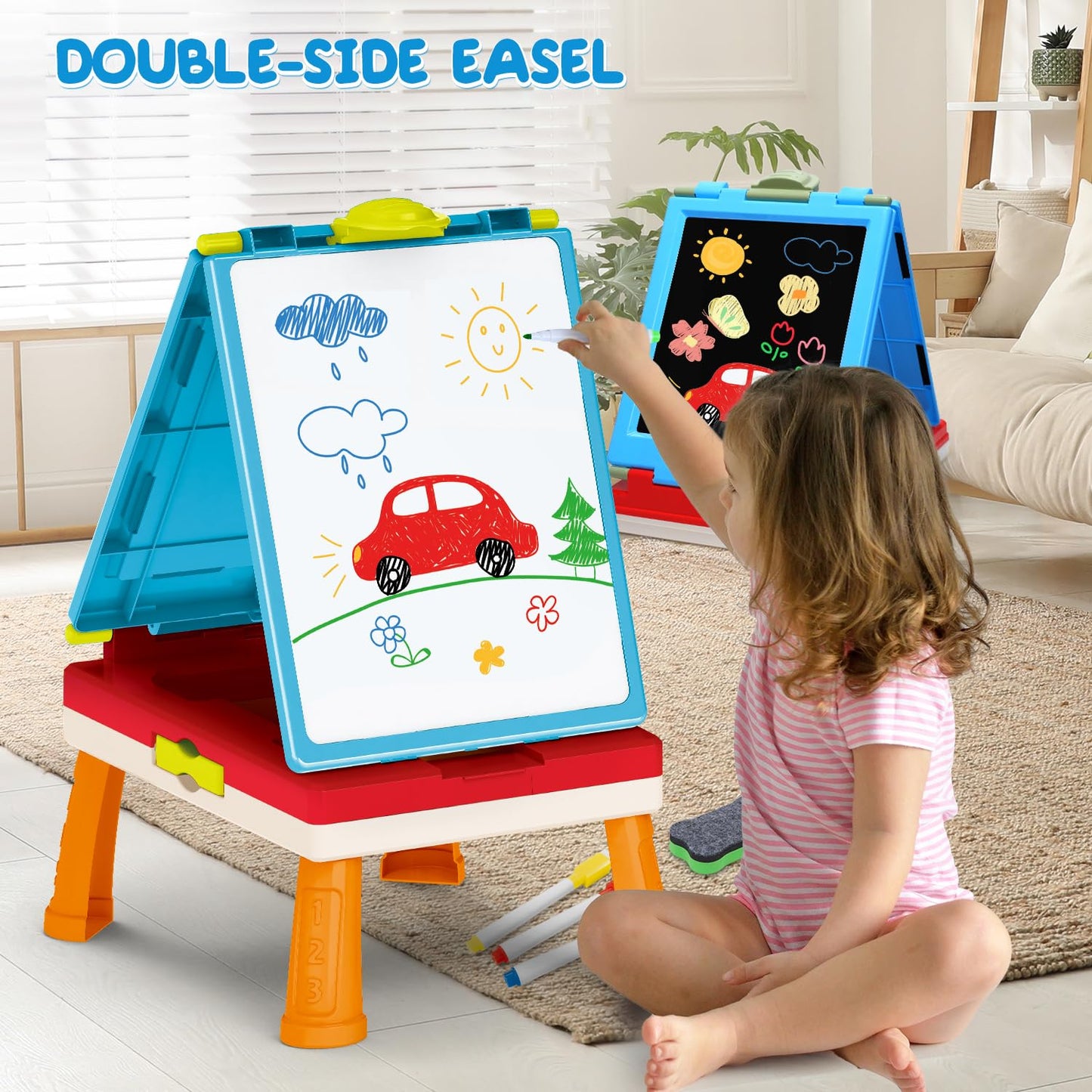 Kids Art Easel Toys, Foldable Double-Sided Tabletop Easel with Chalkboard & Whiteboard, Painting Accessories Included, Creative