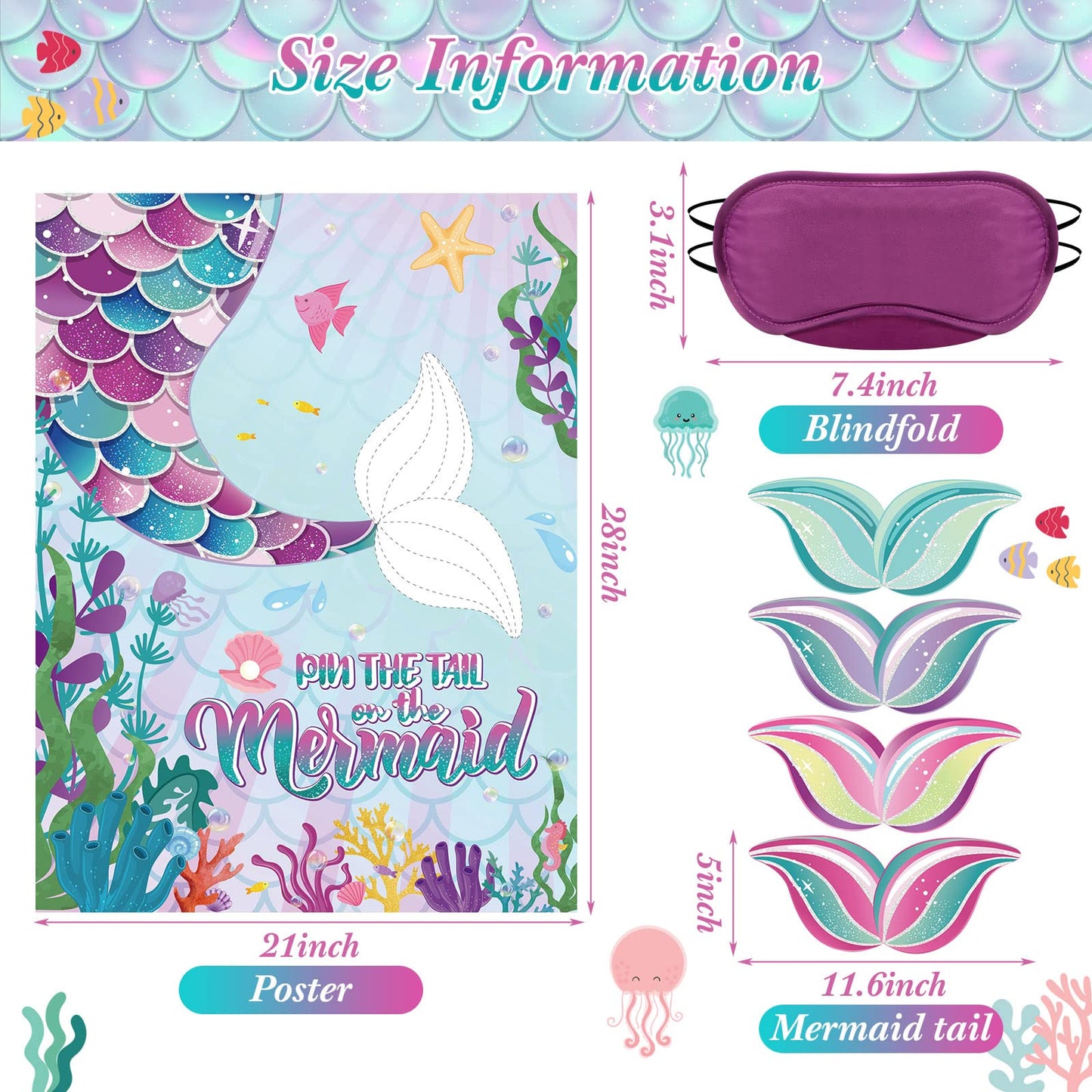 Faccito Mermaid Party Game Set - 21x28 Inch Poster, 24 Reusable Tail Stickers, Blue/Purple, Ideal for Girls Birthday Celebrations