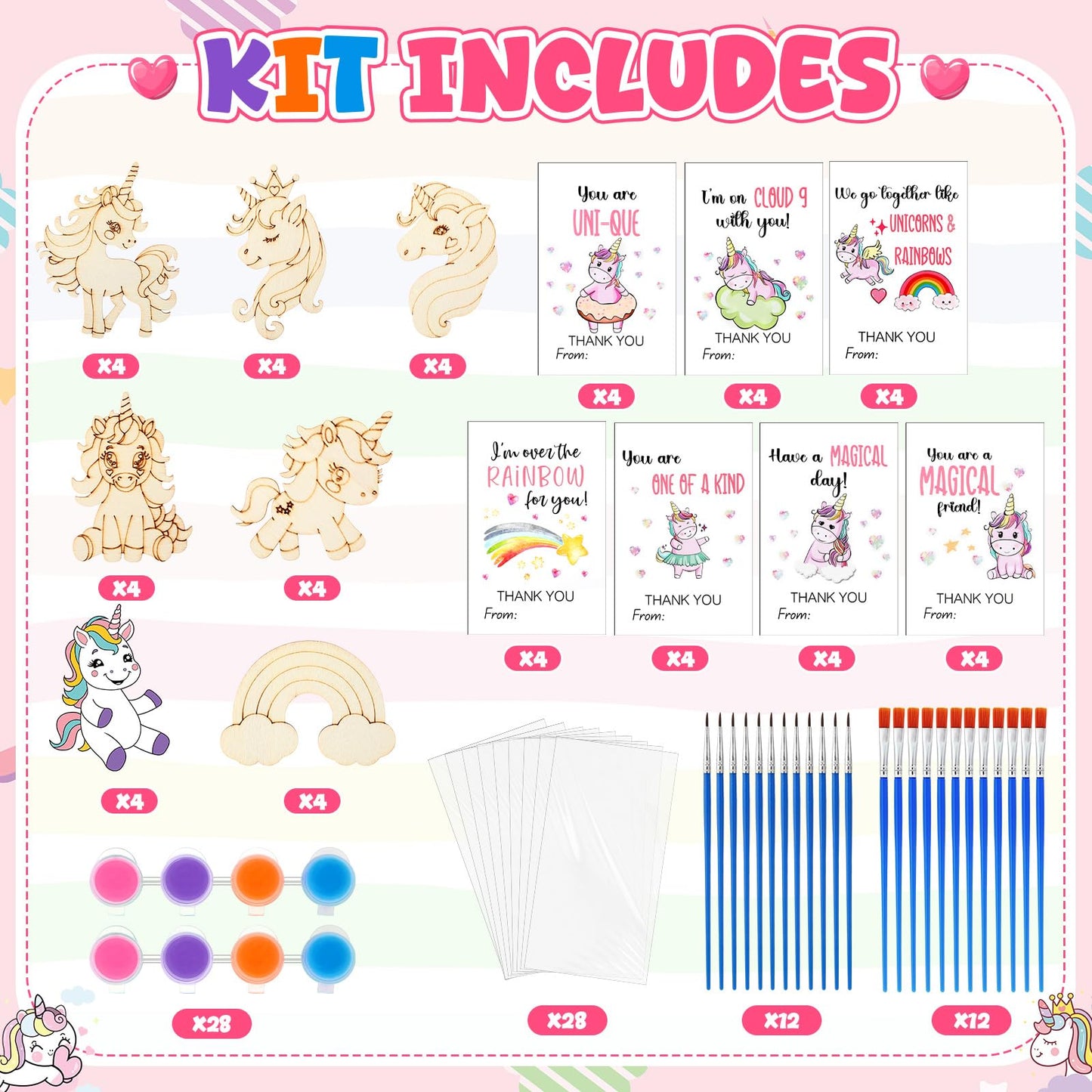 Leinuosen 28 Sets Unicorn Party Favors Wood Painting Craft Kits with Art Supplies and Inspirational Cards Thank You for Coming G